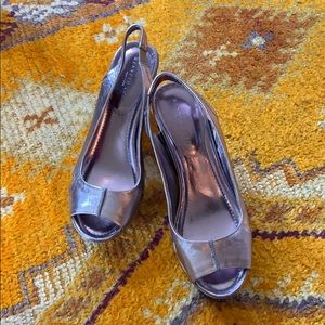 Pewter metallic peep toe slingback